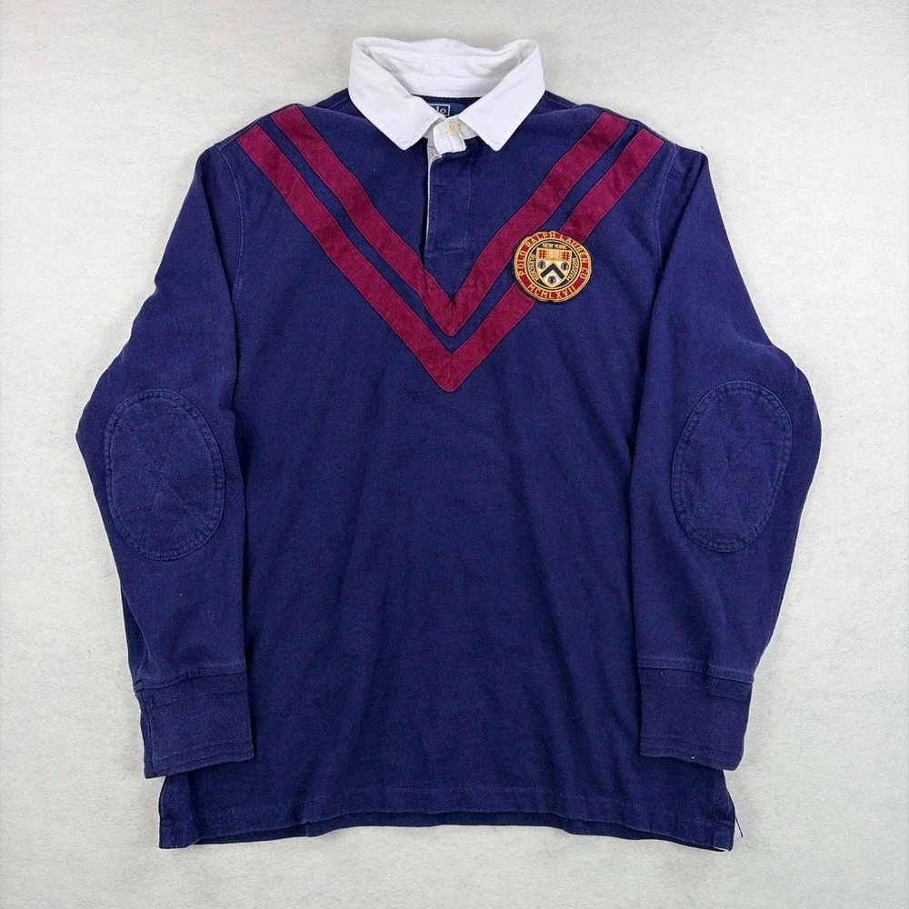 VTG Polo Ralph Lauren Custom Fit Rugby Shirt XL Navy Blue Burgundy Elbow Patch